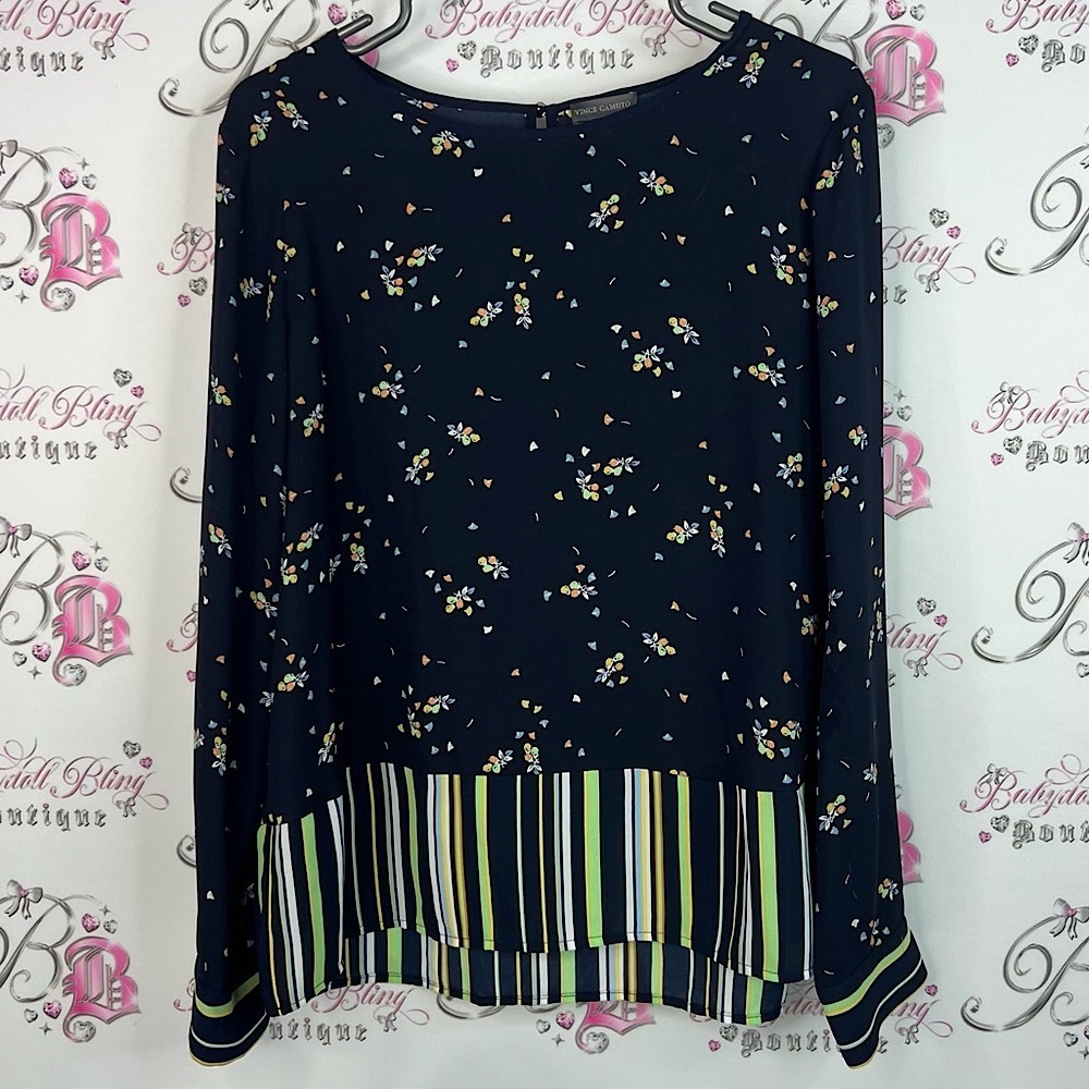 Vince Camuto long sleeve blouse stripes flowers navy Floral and Striped Blouse